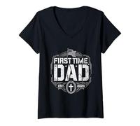 Femme First Time Dad Est 2025 Croix chrétienne Patriotique Vintage T-Shirt avec Col en V