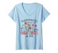Femme First Time Grandma 2026 Nana Happiness is Being a Grandma T-Shirt avec Col en V