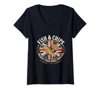 Femme Fish and Chips Fièrement Fried Since Forever T-Shirt avec Col en V