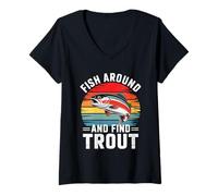 Femme Fish Around and Find Trout Retro Fishing T-Shirt avec Col en V