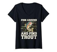 Femme Fish Around Trout Rainbow Fishing Drapeau Camouflage Pêcheur T-Shirt avec Col en V