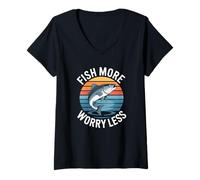 Femme Fish More Worry Less, amateur de pêche rétro au coucher du soleil T-Shirt avec Col en V