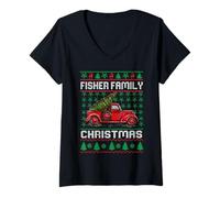 Femme Fisher Family Ugly Christmas Sweater Red Truck Funny Xmas T-Shirt avec Col en V