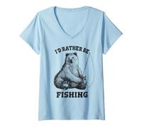 Femme Fishing Pole Bear I'd Rather Be Fishing Funny Outdoors T-Shirt avec Col en V