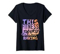 Femme Fitness Junkie Qui Aime la pâtisserie et Les friandises sucrées T-Shirt avec Col en V