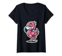 Femme Flamant Mignon Dessin Cartoon Oiseau T-Shirt avec Col en V