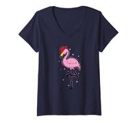 Femme Flamant Rose avec Casque de Pompier T-Shirt avec Col en V