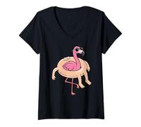 Femme Flamant Rose rétro avec Lunettes de Soleil T-Shirt avec Col en V