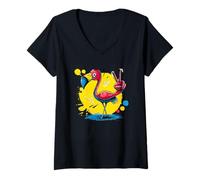 Femme Flamant Rose Signe de Paix rétro Pop Oiseau Graphique Geste T-Shirt avec Col en V