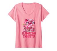 Femme Flamazing Christy Pink Flamingo Tropical Beach Trip Femme T-Shirt avec Col en V