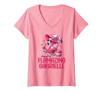 Femme Flamazing Gabrielle Flamant Rose Tropical Beach Scène Femme T-Shirt avec Col en V