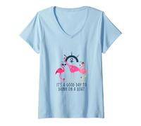 Femme Flamingo Drinking Wine It's a Good Day to Drink on a Boat T-Shirt avec Col en V