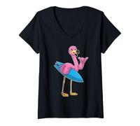 Femme Flamingo Surf Planche de Surf Été T-Shirt avec Col en V