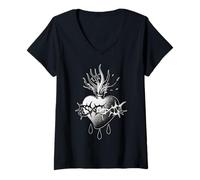 Femme Flash de Tatouage Blackwork avec Couronne d'épines du Sacré-Cœur T-Shirt avec Col en V