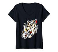 Femme Flash Tatouage Rhinocéros en Voie de Disparition Blanc T-Shirt avec Col en V