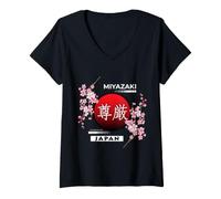 Femme FLEUR DE CERISE SAKURA DANS LES VILLES DU JAPON, MIYAZAKI T-Shirt avec Col en V