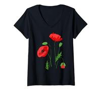 Femme Fleur de coquelicot rouge, coquelicots botaniques rouges T-Shirt avec Col en V