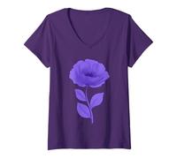 Femme Fleur de Coquelicot Violet Floral T-Shirt avec Col en V