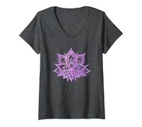 Femme Fleur de Lotus Mandala Lavande Pourpre Motif Floral Tendance T-Shirt avec Col en V, Chiné Foncé, XL
