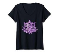 Femme Fleur de Lotus Mandala Lavande Pourpre Motif Floral Tendance T-Shirt avec Col en V, Noir, M