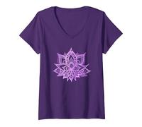 Femme Fleur de Lotus Mandala Lavande Pourpre Motif Floral Tendance T-Shirt avec Col en V, Violet, M
