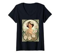 Femme Fleur de Naissance de Janvier Rose Dianthus Style Art Nouveau T-Shirt avec Col en V
