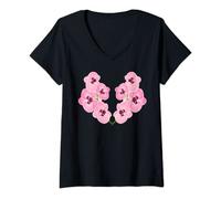 Femme Fleur d'orchidée rose et cœur - Belle peinture artistique calme T-Shirt avec Col en V