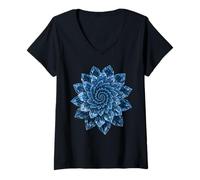 Femme Fleur en Cristal Bleu Glacial Spirale Fractal Bloom Art Design T-Shirt avec Col en V