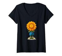Femme Fleur Orange Souriante en Short Bleu Graphique T-Shirt avec Col en V