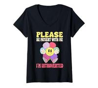 Femme Fleur rétro amusante, s'il vous plaît, soyez patient avec moi, je suis introvertie T-Shirt avec Col en V