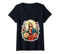 Femme Fleur Sainte Marie Santa Maria Mère Chrétienne Jésus Christ T-Shirt avec Col en V