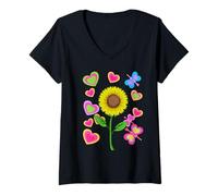 Femme Fleurs de jardin rétro nature tournesols T-Shirt avec Col en V