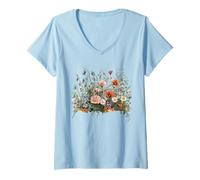Femme Fleurs Sauvages avec Marguerites botaniques Nature Florale T-Shirt avec Col en V