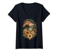 Femme Fleurs Sauvages Boho Wild Horses Western Summer Country T-Shirt avec Col en V