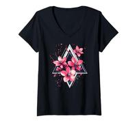Femme Fleurs sur triangle géométrique T-Shirt avec Col en V
