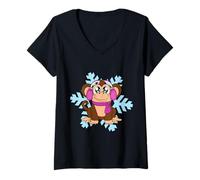 Femme Flocon de Neige Singe drôle Mignon Hiver Motif Hiver T-Shirt avec Col en V