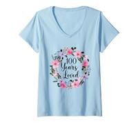 Femme Floral 100 Year Old 100th Birthday Men Women 100 Years Loved T-Shirt avec Col en V
