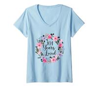 Femme Floral 101 Year Old 101th Birthday Men Women 101 Years Loved T-Shirt avec Col en V
