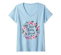 Femme Floral 109 Year Old 109th Birthday Men Women 109 Years Loved T-Shirt avec Col en V