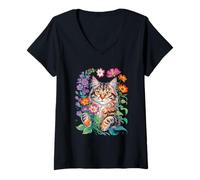 Femme Floral Cat Design With Flowers For Cat Lovers T-Shirt avec Col en V