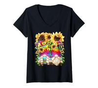 Femme Floral Hippie Gnomes for Women and Hippies with Sunflower T-Shirt avec Col en V