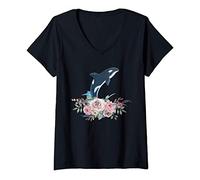 Femme Floral Océan Fleurs Animal De La Mer Baleines Épaulard Orque T-Shirt avec Col en V