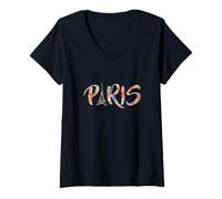 Femme Floral Paris Tour Eiffel J'aime Paris Mignon France T-Shirt avec Col en V
