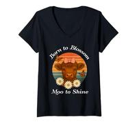 Femme Floral rétro Born to Blossom Moo to Shine Highland Cow T-Shirt avec Col en V