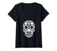 Femme Floral Sugar Skull Cross Dia De Muertos Day of Dead T-Shirt avec Col en V