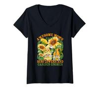 Femme Floral Sunflower Garden Gnomes for Gardening Mom and Summer T-Shirt avec Col en V