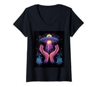 Femme Floral UFO Alien Core Space Flower Secret Touch T-Shirt avec Col en V