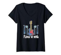 Femme Floss Rock and Roll Dentiste Dentaire Bureau Humour Musique T-Shirt avec Col en V