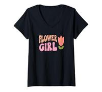 Femme Flower Girl - 70s Retro Groovy Floral Flowers Little Girls T-Shirt avec Col en V