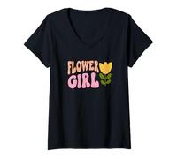 Femme Flower Girl - 70s Retro Groovy Floral Flowers Little Girls T-Shirt avec Col en V